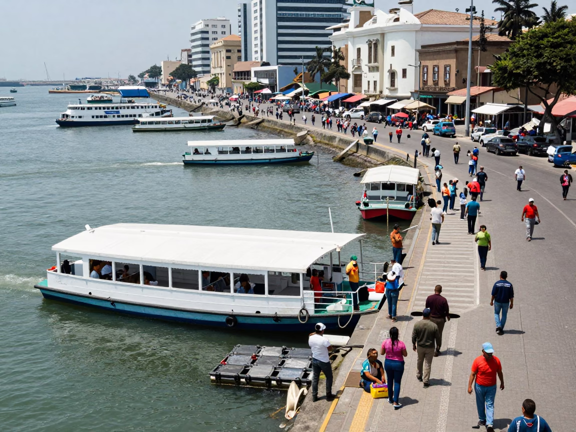 Busy Lima Street Scene Noon Light with Water Taxi and Urban Life in in Lima, Peru