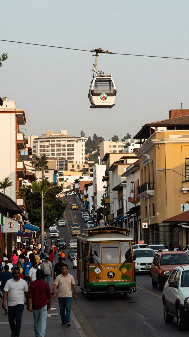 Busy Lima Street Scene with Cable Car and Local Market Activity in Early Afternoon in in Lima, Peru