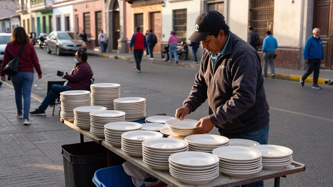 Busy Lima Street Vendor Afternoon with Ceramic Plates and Colorful Umbrellas in Peru in in Lima, Peru