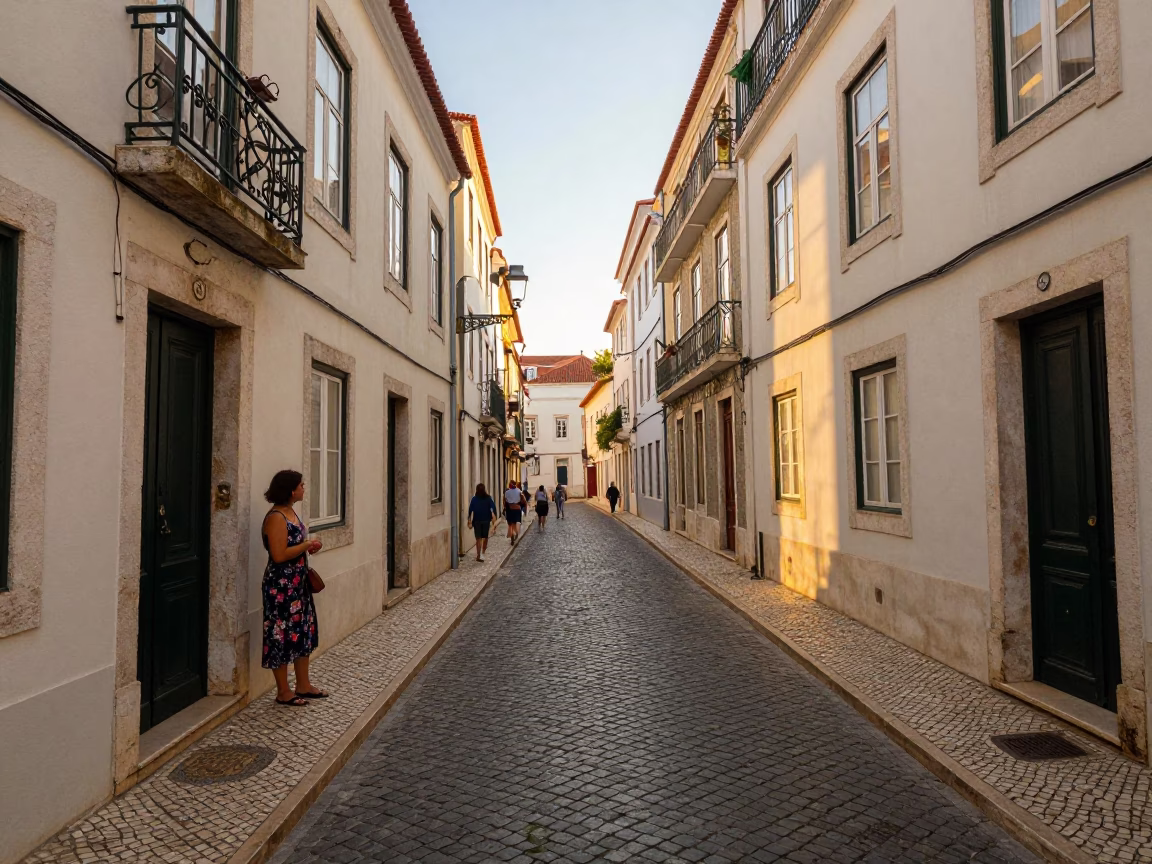 Busy Lisbon Alfama street scene late afternoon with traditional azulejo tiles and local life in in Lisbon, Portugal