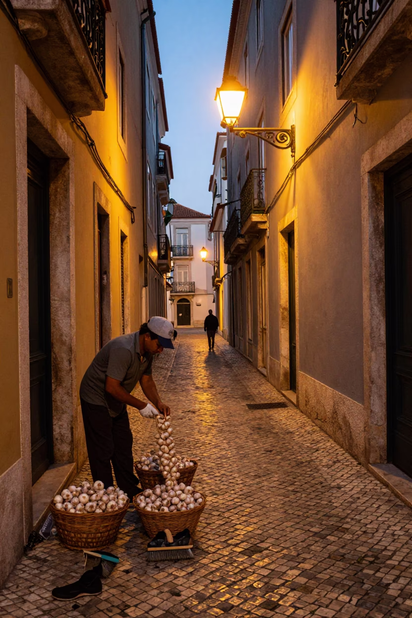 Busy Lisbon Alleyway Before Dawn with Shoe Brush and Garlic Bulbs in in Lisbon, Portugal