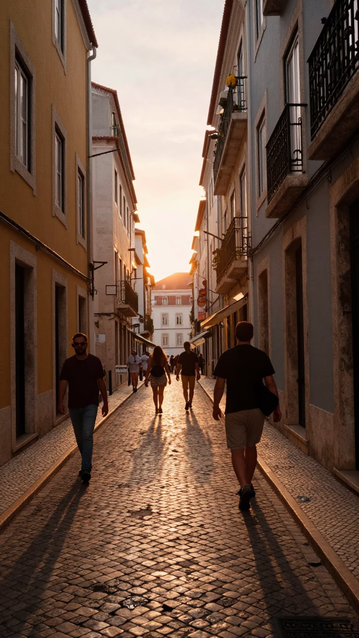 Busy Lisbon Alleyway Evening Light with Paint Flecks and Local Street Life in in Lisbon, Portugal