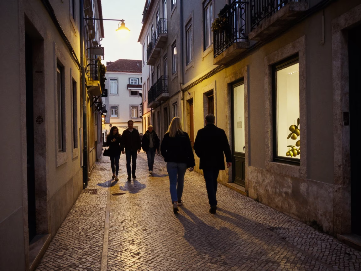 Busy Lisbon Alleyway Evening with Olives and Window Light on Basin Lip in in Lisbon, Portugal