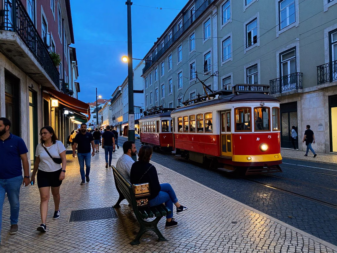 Busy Lisbon Blue Hour Street Scene with Narrow Gauge Train and Hatbox in in Lisbon, Portugal