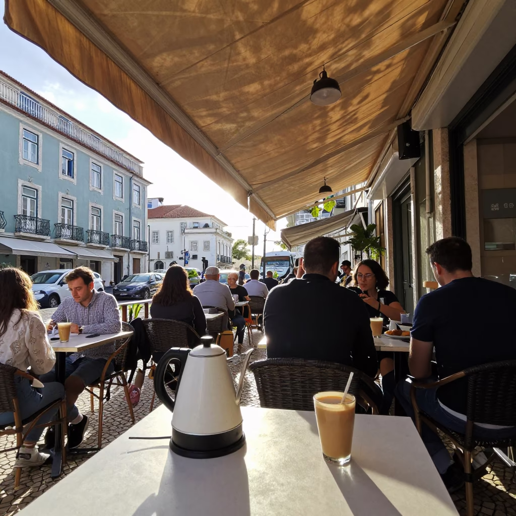 Busy Lisbon Cafe Terrace Late Morning Scene with Electric Kettle and Colored Glass Bottle in in Lisbon, Portugal