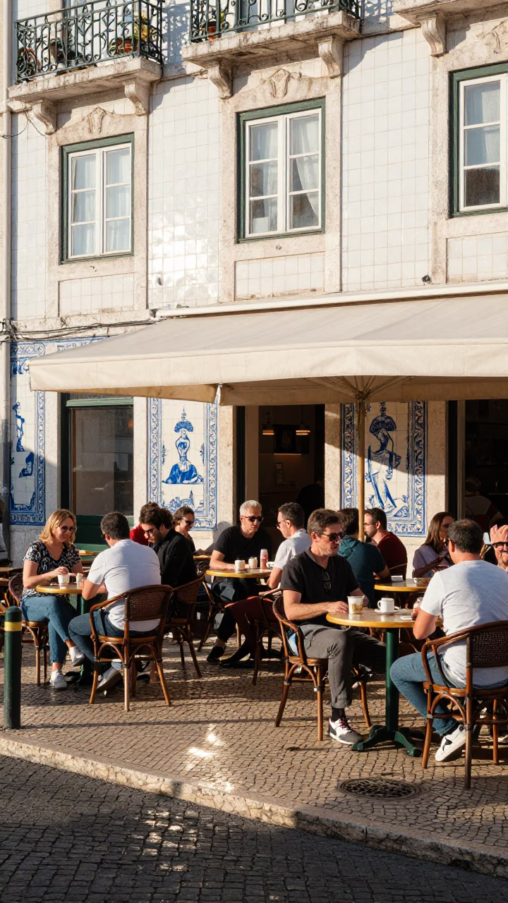 Busy Lisbon Cafe Terrace with Azulejo Tiles and Morning Light in in Lisbon, Portugal