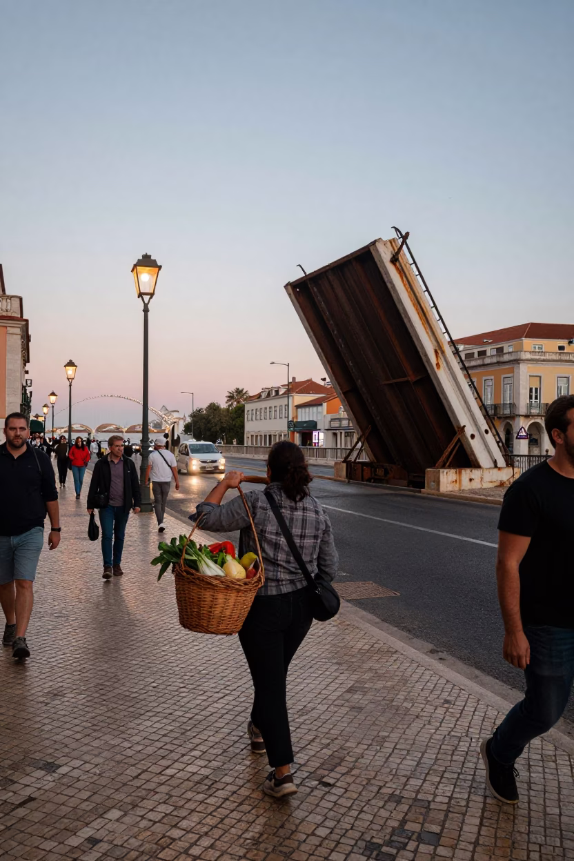 Busy Lisbon Evening Street Scene with Basket and Rusted Drawbridge in in Lisbon, Portugal