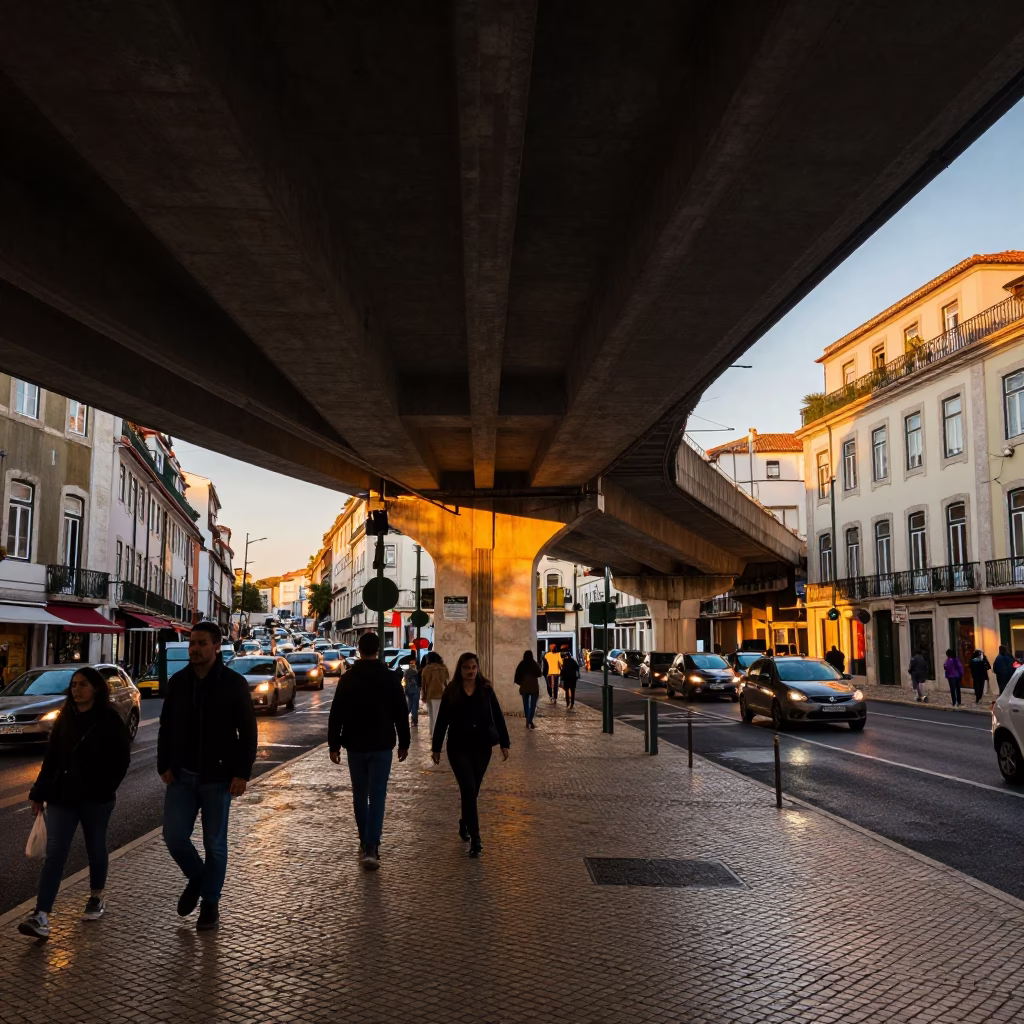 Busy Lisbon Evening Street Scene with Flyover and Local Life in in Lisbon, Portugal