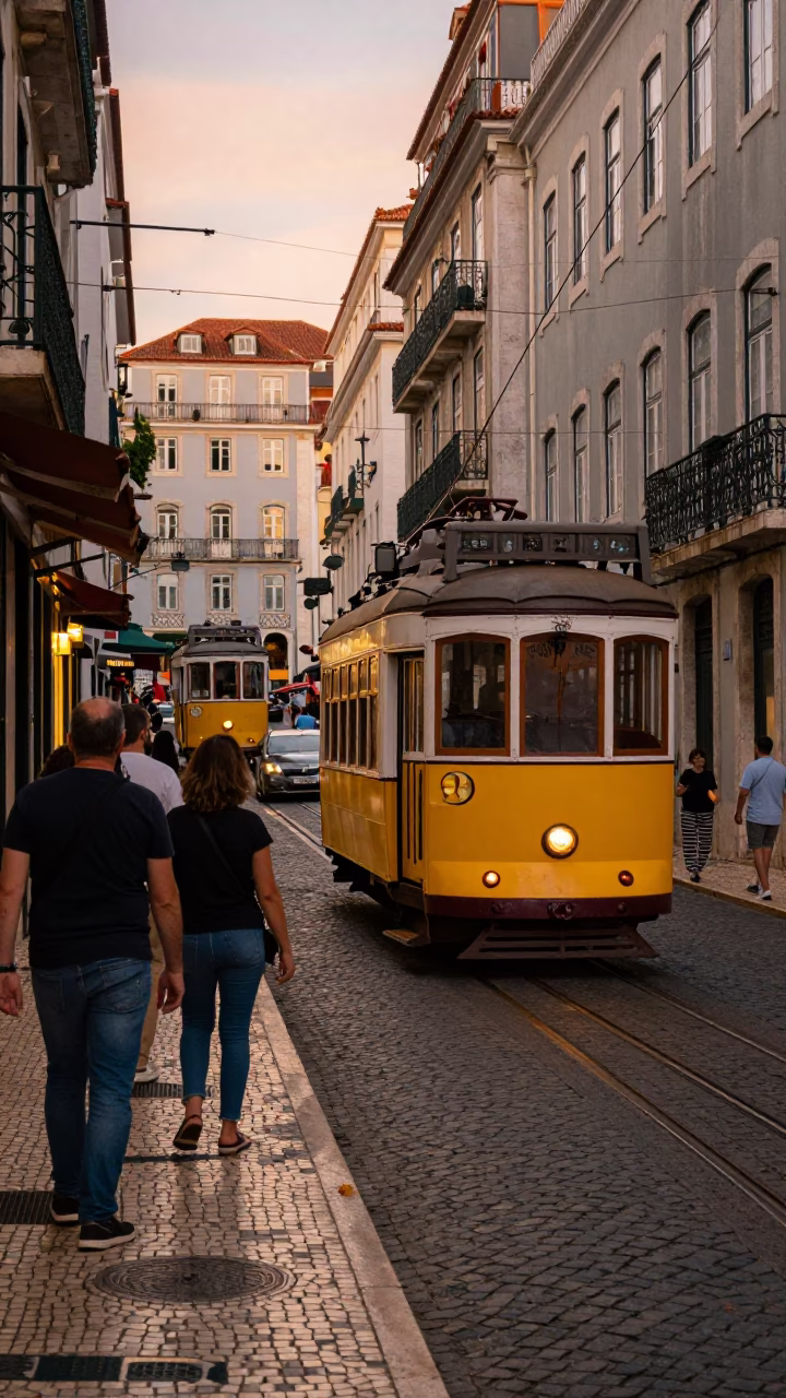 Busy Lisbon Evening Street Scene with Tram and Tourists in in Lisbon, Portugal