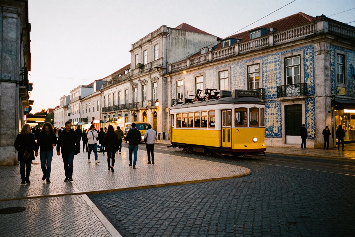 Busy Lisbon Evening Street Scene with Tram and Traditional Tiles in in Lisbon, Portugal
