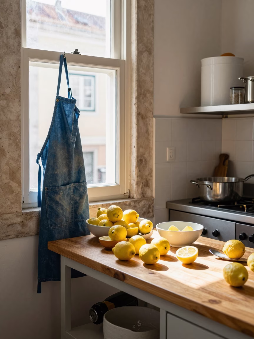 Busy Lisbon Kitchen Counter with Lemons and Apron in Natural Midday Light in in Lisbon, Portugal