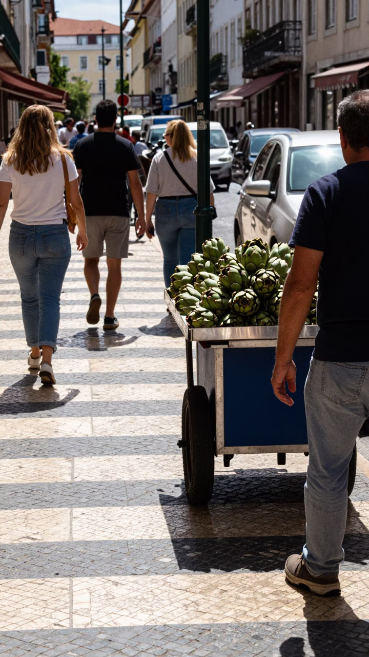 Busy Lisbon Midday Street Scene with Sunlight Stripes and Local Life in in Lisbon, Portugal