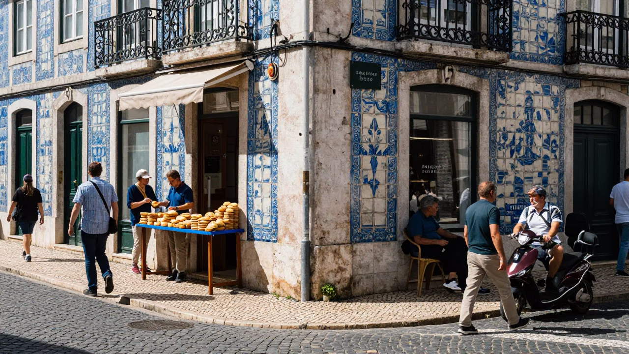 Busy Lisbon Midday Street Scene with Traditional Pastries and Brass Details in in Lisbon, Portugal