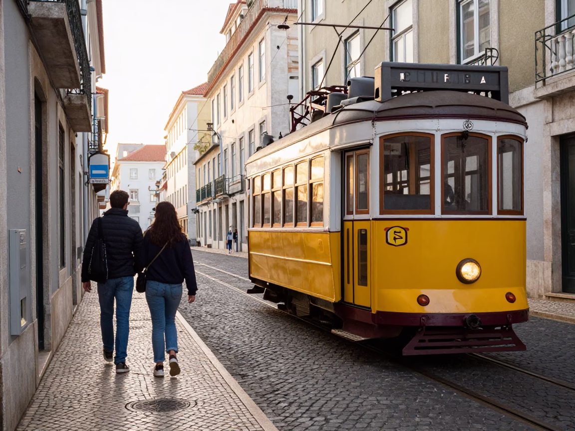 Busy Lisbon Morning Heritage Tram on Cobblestone Avenue After Sunrise in in Lisbon, Portugal