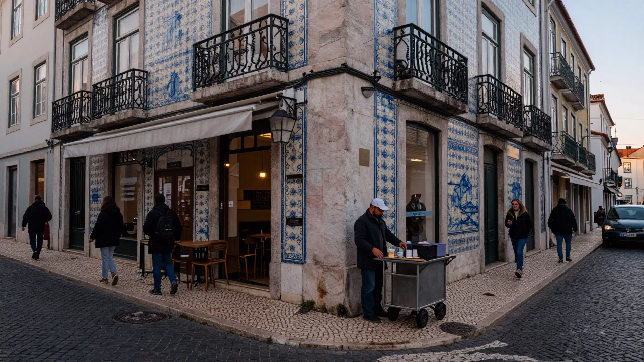 Busy Lisbon Morning Street Scene with Corkscrew and Coffee at Dawn in in Lisbon, Portugal