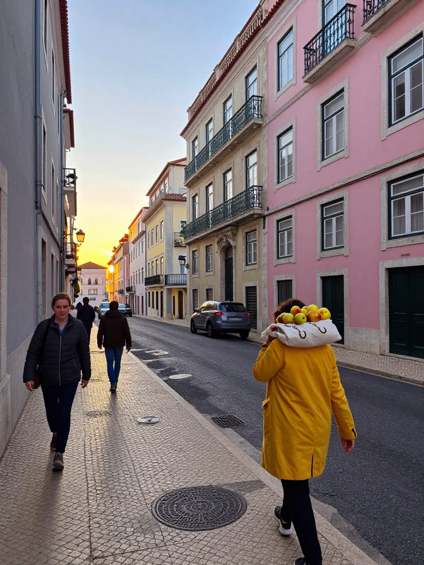 Busy Lisbon Morning Street Scene with Pastel Buildings and Morning Light in in Lisbon, Portugal