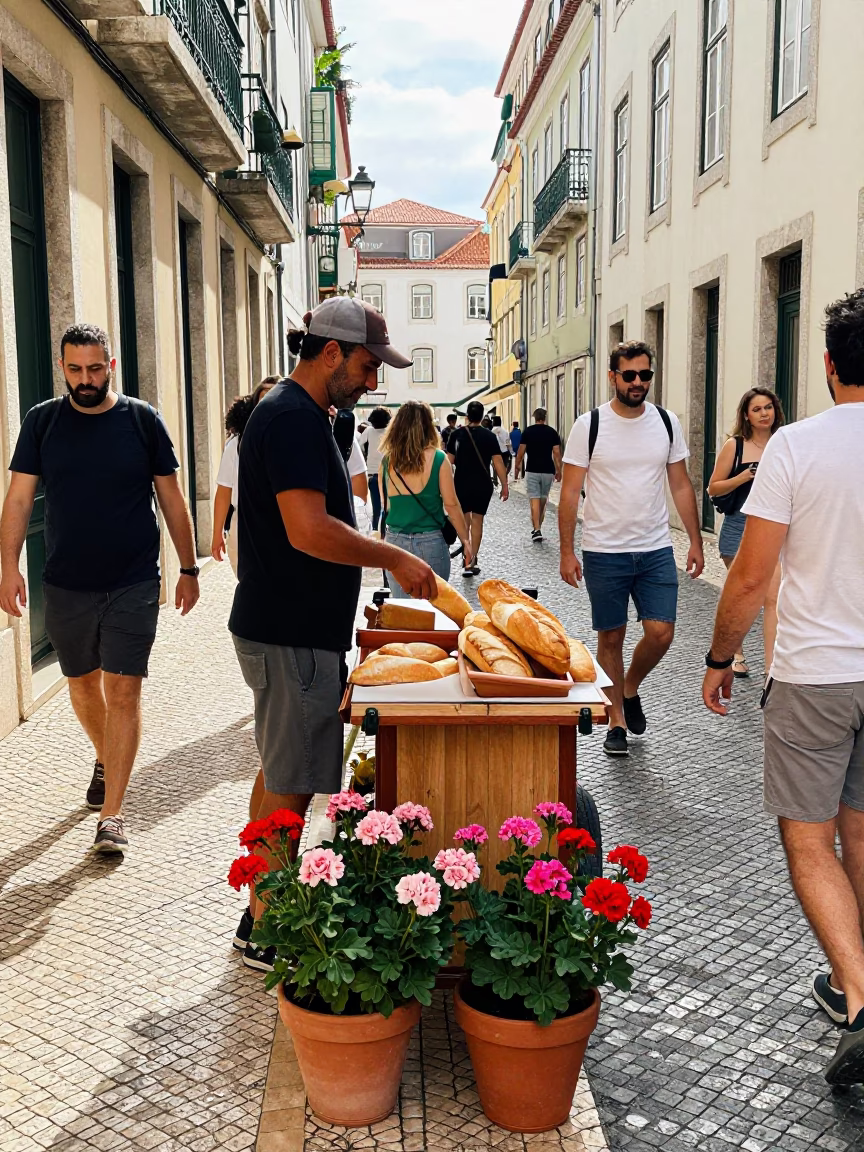 Busy Lisbon Morning Street Scene with Potted Geraniums and Local Life in in Lisbon, Portugal