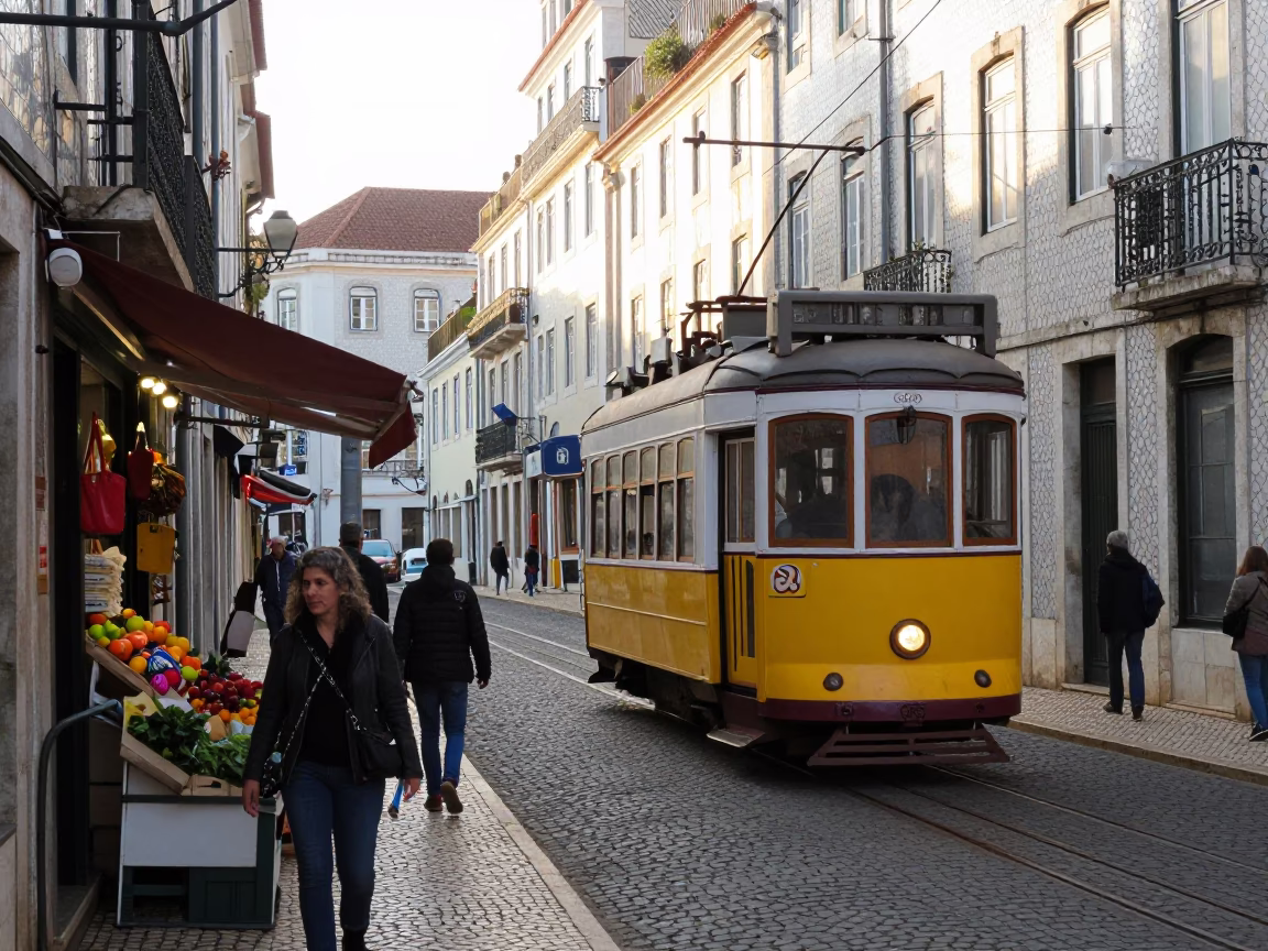 Busy Lisbon Morning Street Scene with Tram and Local Market Activity in in Lisbon, Portugal