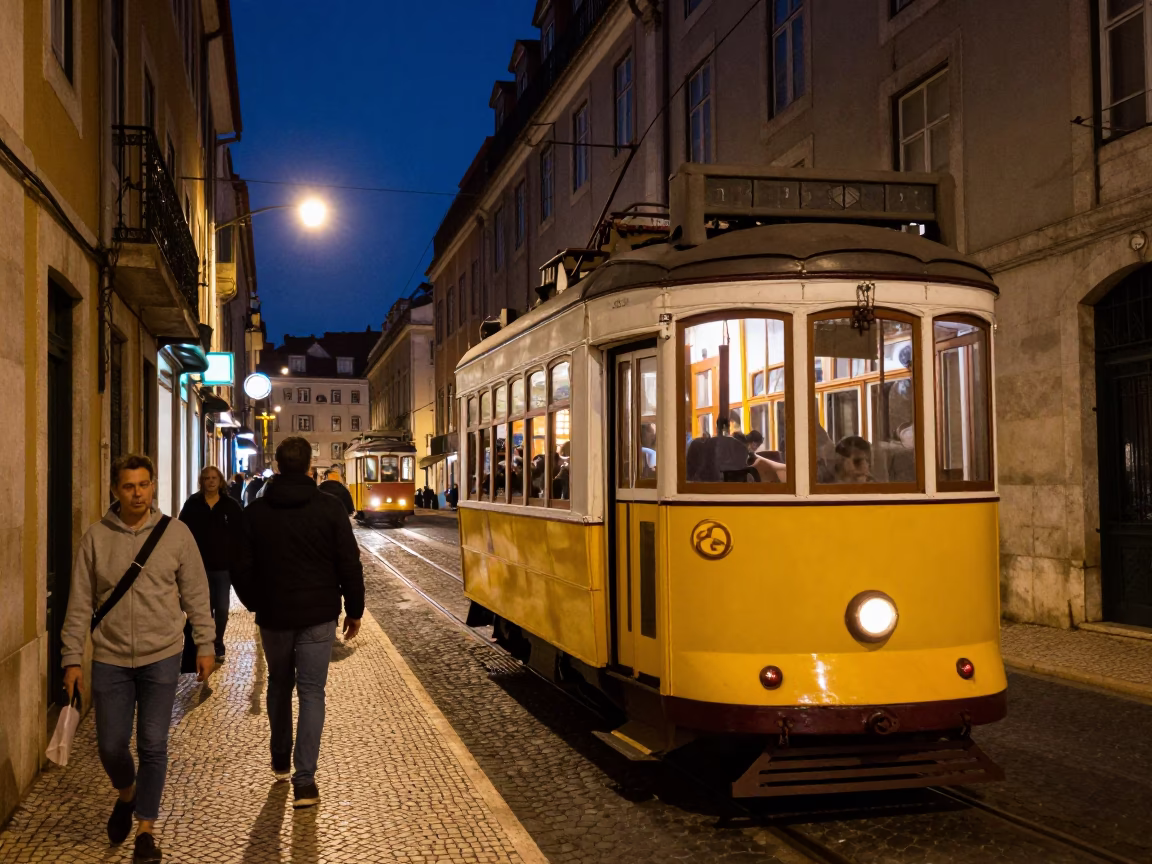 Busy Lisbon Night Street Scene with Tram and Neon Signs in in Lisbon, Portugal