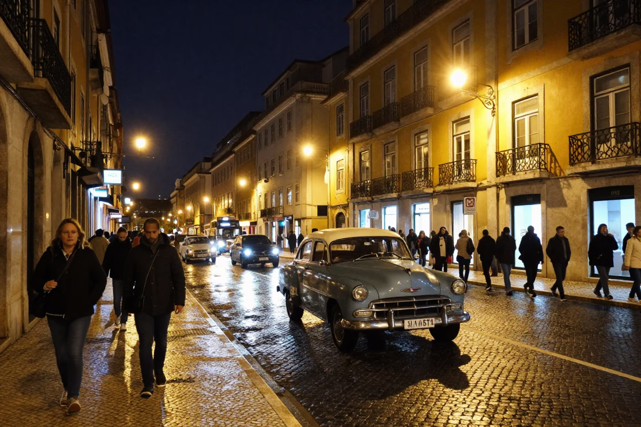 Busy Lisbon Night Street Scene with Vintage Car and Historic Architecture in in Lisbon, Portugal