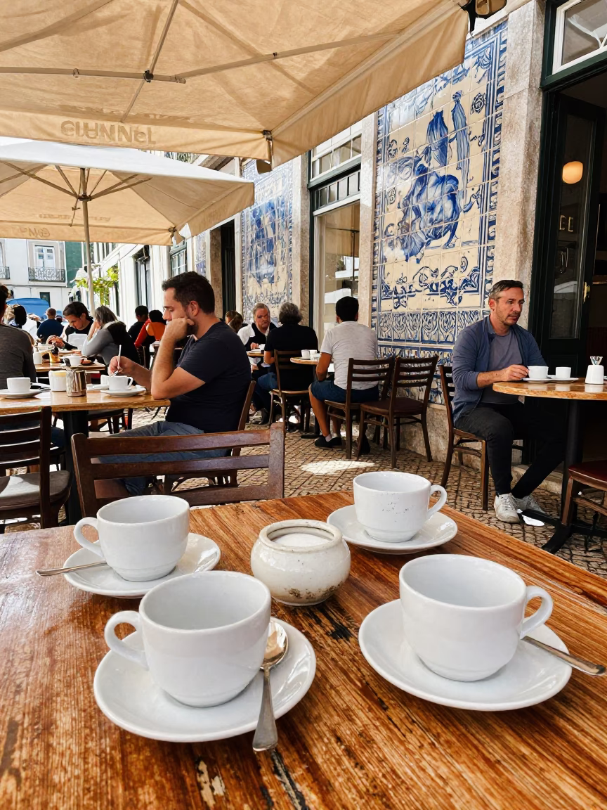 Busy Lisbon Street Cafe Morning with Traditional Azulejo Tiles and Ceramic Tiles in in Lisbon, Portugal