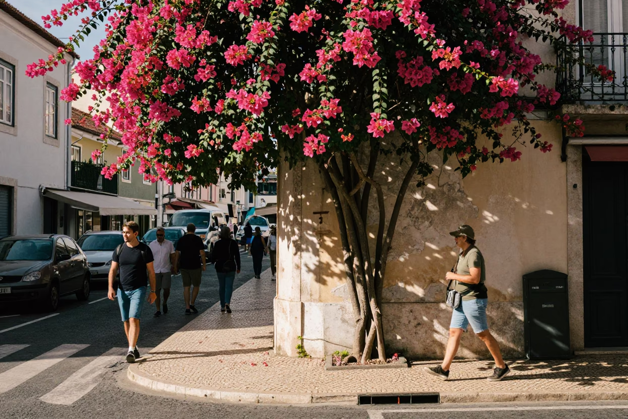 Busy Lisbon Street Corner Early Afternoon with Bougainvillea and Daily Life in in Lisbon, Portugal
