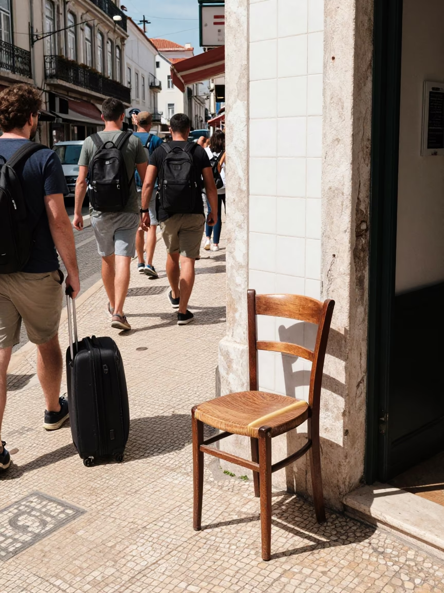 Busy Lisbon Street Corner Midday Sunlight and Luggage with Brass Hardware in in Lisbon, Portugal