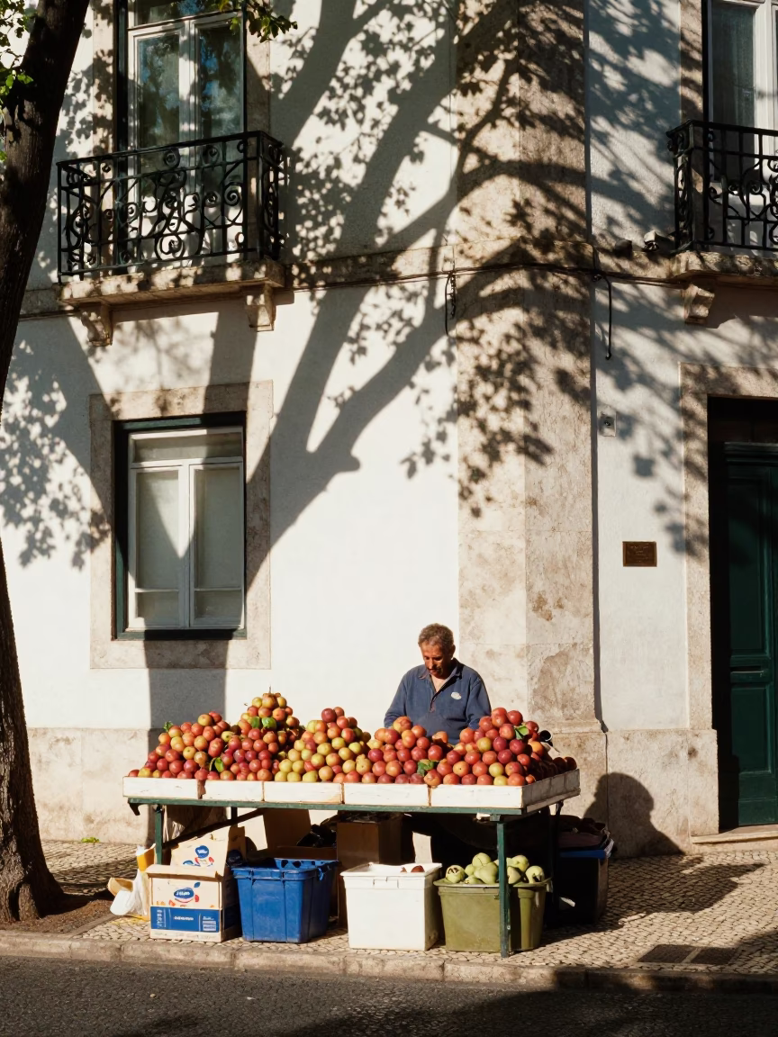 Busy Lisbon Street Corner with Nectarines and Leaf Shadows in Bright Midmorning Light in in Lisbon, Portugal