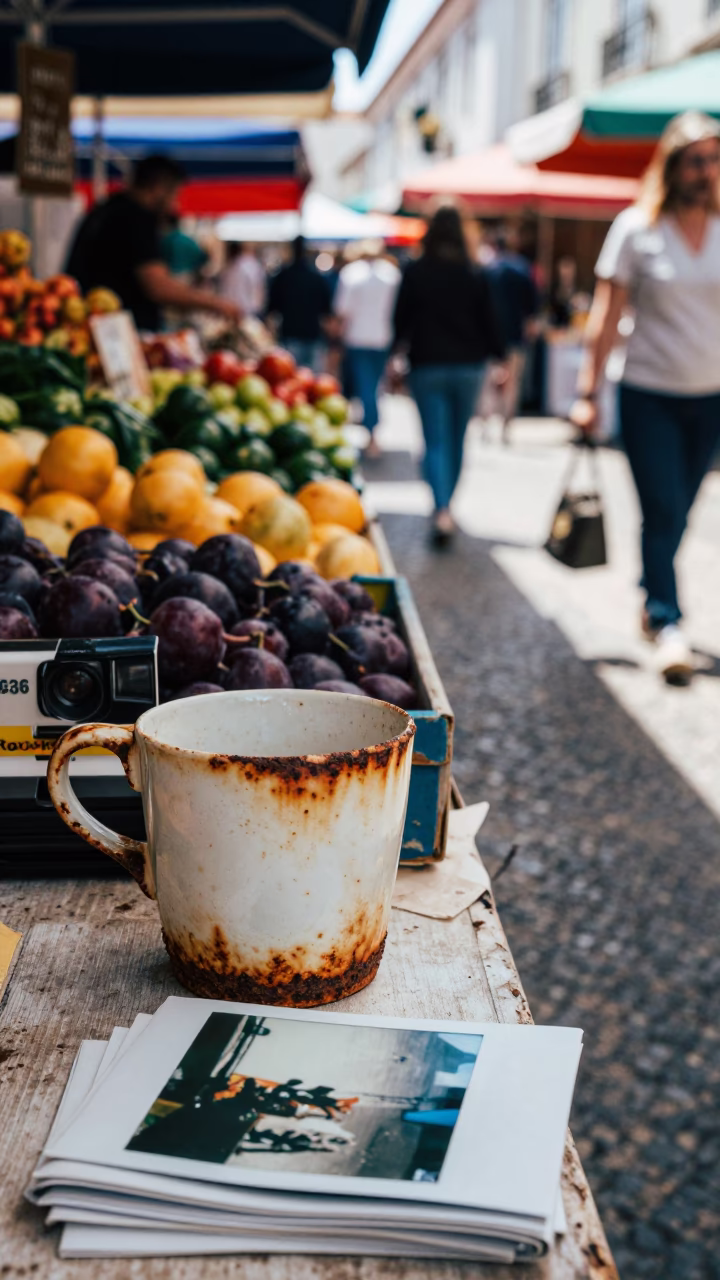Busy Lisbon Street Market Midday Scene with Rusty Cup and Artichokes in in Lisbon, Portugal