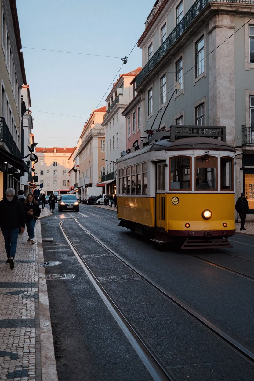 Busy Lisbon Street Scene at Dawn with Tram Tracks and Morning Commuters in in Lisbon, Portugal