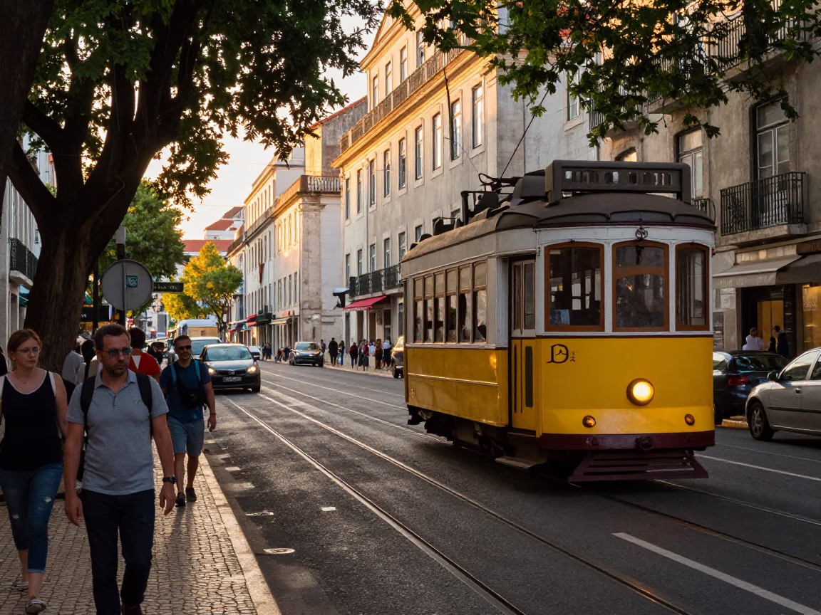 Busy Lisbon Street Scene at Golden Hour with Yellow Tram and Historic Architecture in in Lisbon, Portugal