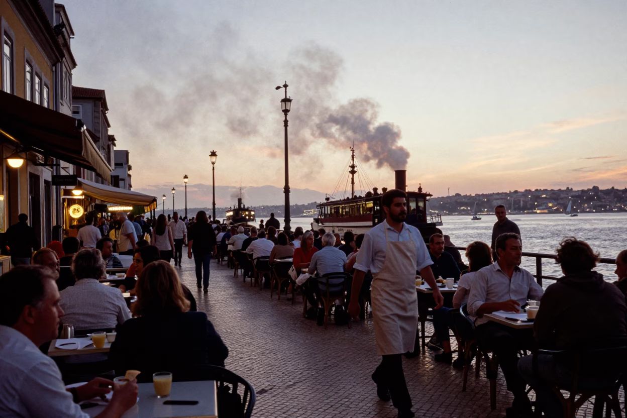 Busy Lisbon Street Scene at Nautical Dawn with Steam Rising from Coffee Cup in in Lisbon, Portugal