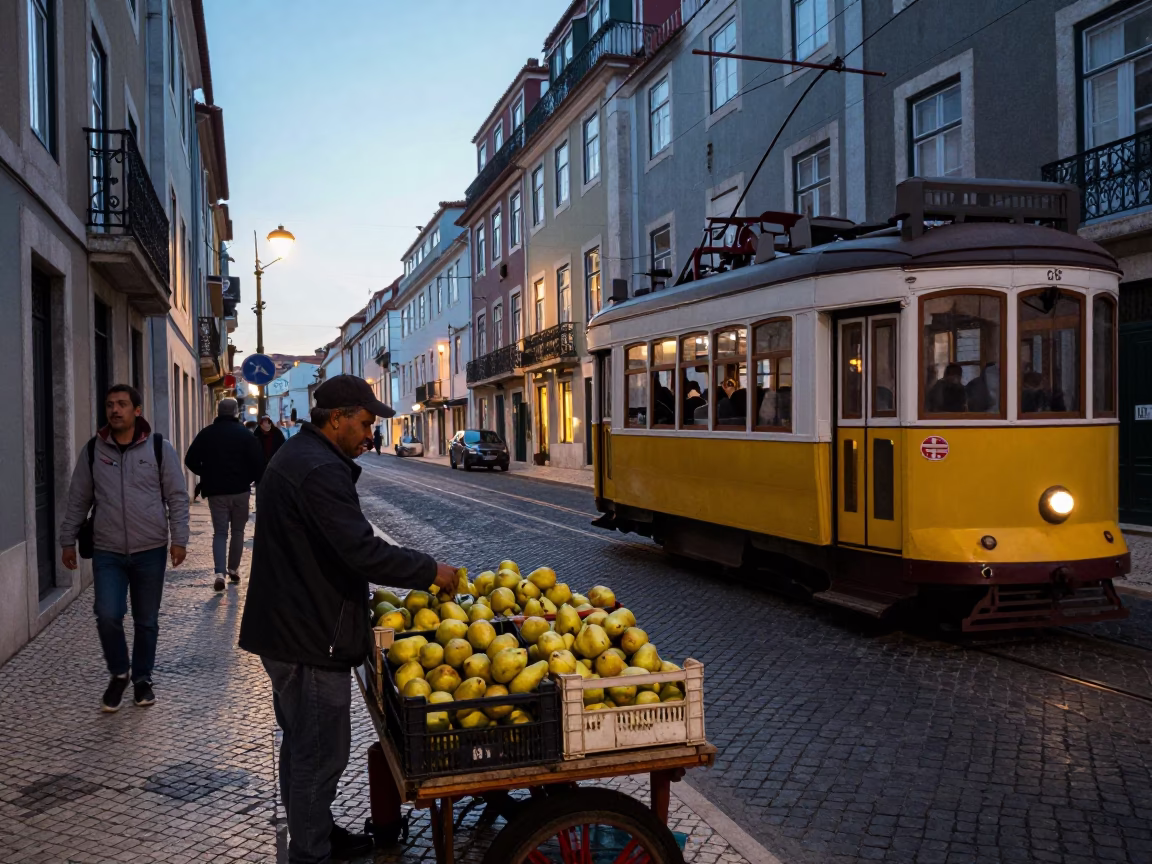 Busy Lisbon Street Scene at Nautical Dawn with Tram and Local Commerce in in Lisbon, Portugal