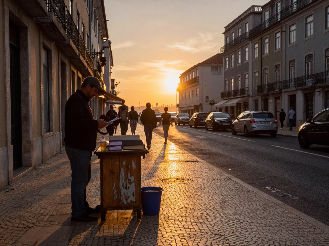 Busy Lisbon Street Scene at Sunset with Clipboard and Local Interaction in in Lisbon, Portugal