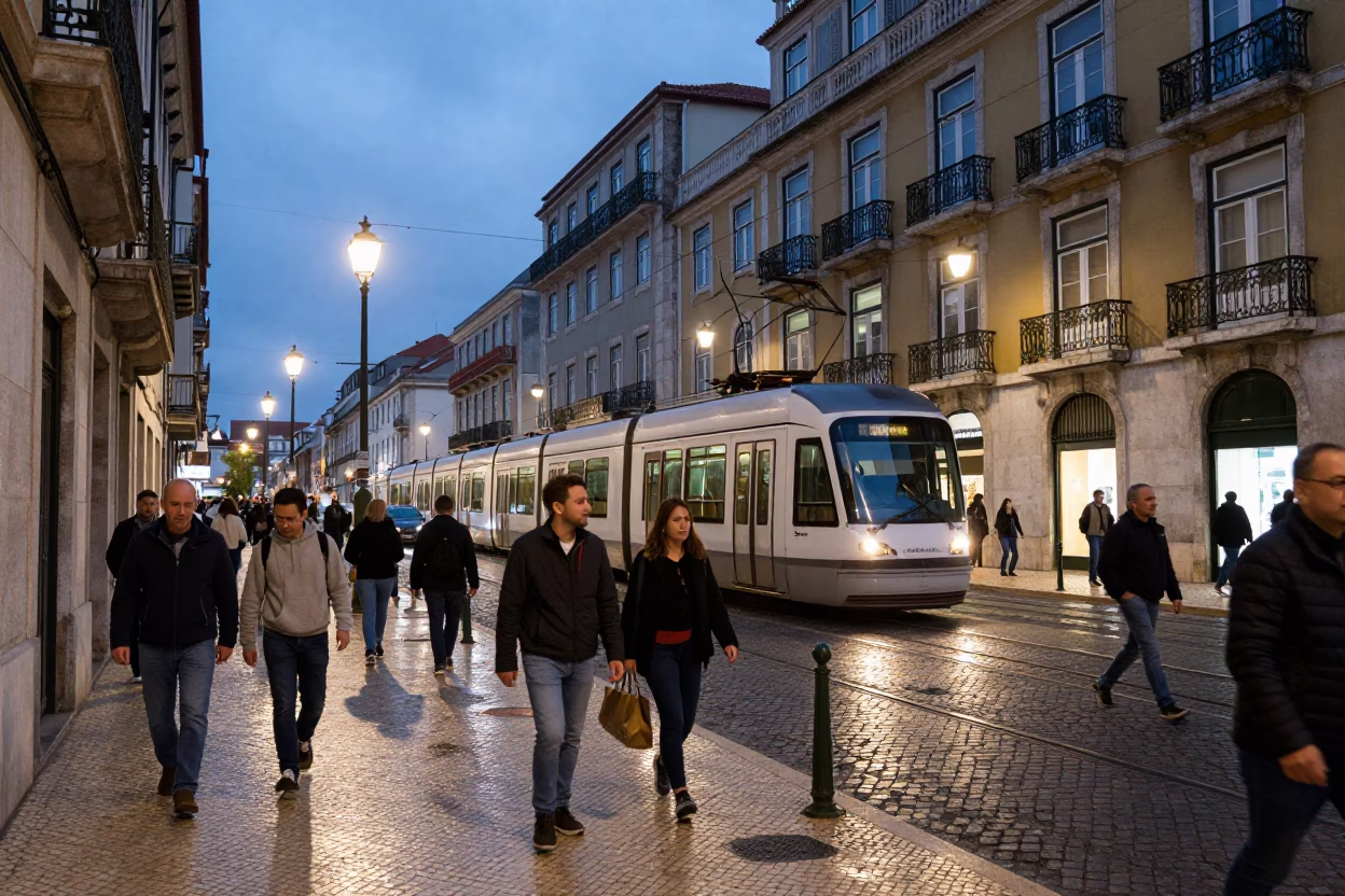 Busy Lisbon Street Scene at Twilight with Monorail and Traditional Azulejo Architecture in in Lisbon, Portugal