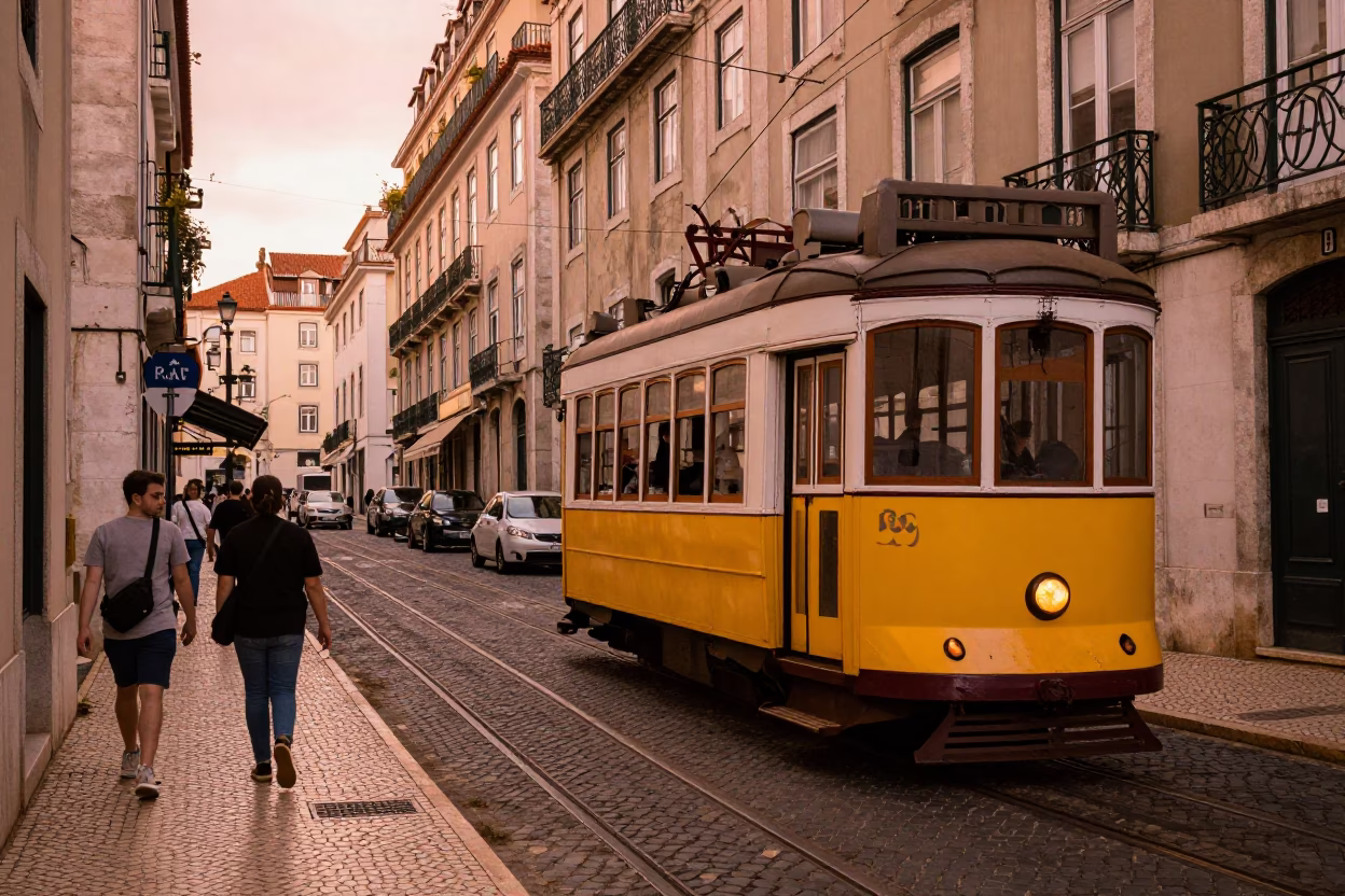 Busy Lisbon Street Scene Before Dusk with Yellow Tram and Traditional Tile Buildings in in Lisbon, Portugal