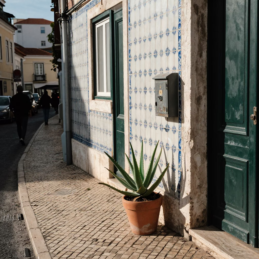 Busy Lisbon Street Scene Early Afternoon with Aloe Vera Plant and Lockbox in in Lisbon, Portugal