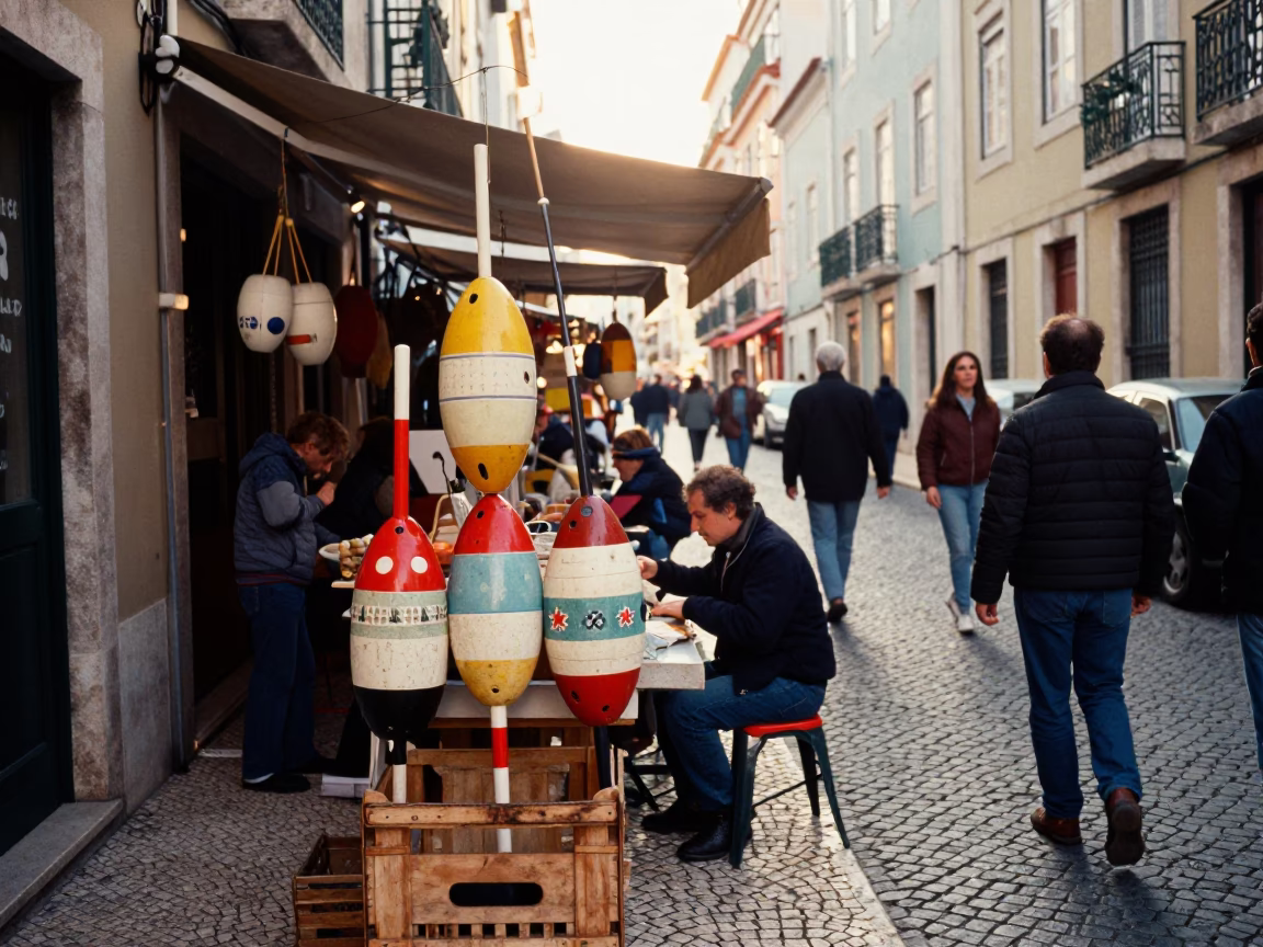 Busy Lisbon Street Scene Early Afternoon with Fishing Floats and Folding Stools in in Lisbon, Portugal