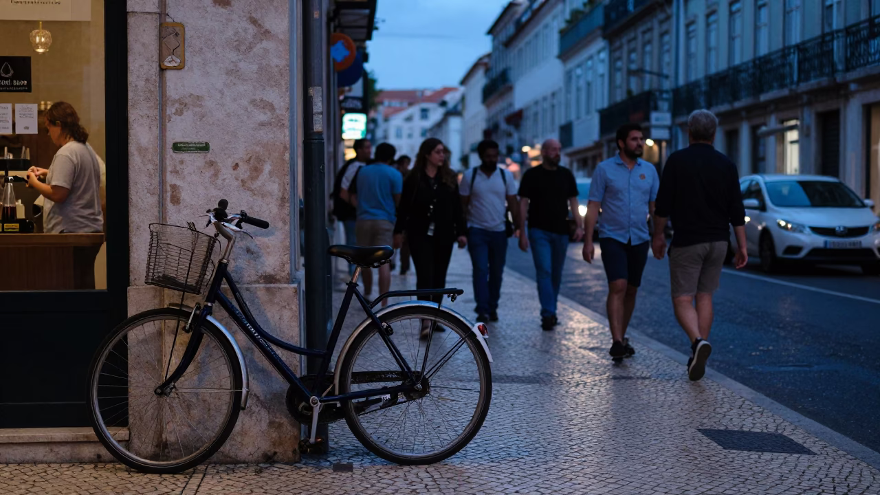 Busy Lisbon Street Scene in Indigo Twilight with Tongs and Utensil Crocks in in Lisbon, Portugal
