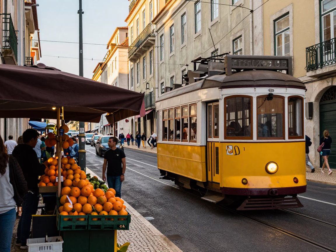 Busy Lisbon Street Scene Late Afternoon with Oranges and Motorcycle in in Lisbon, Portugal