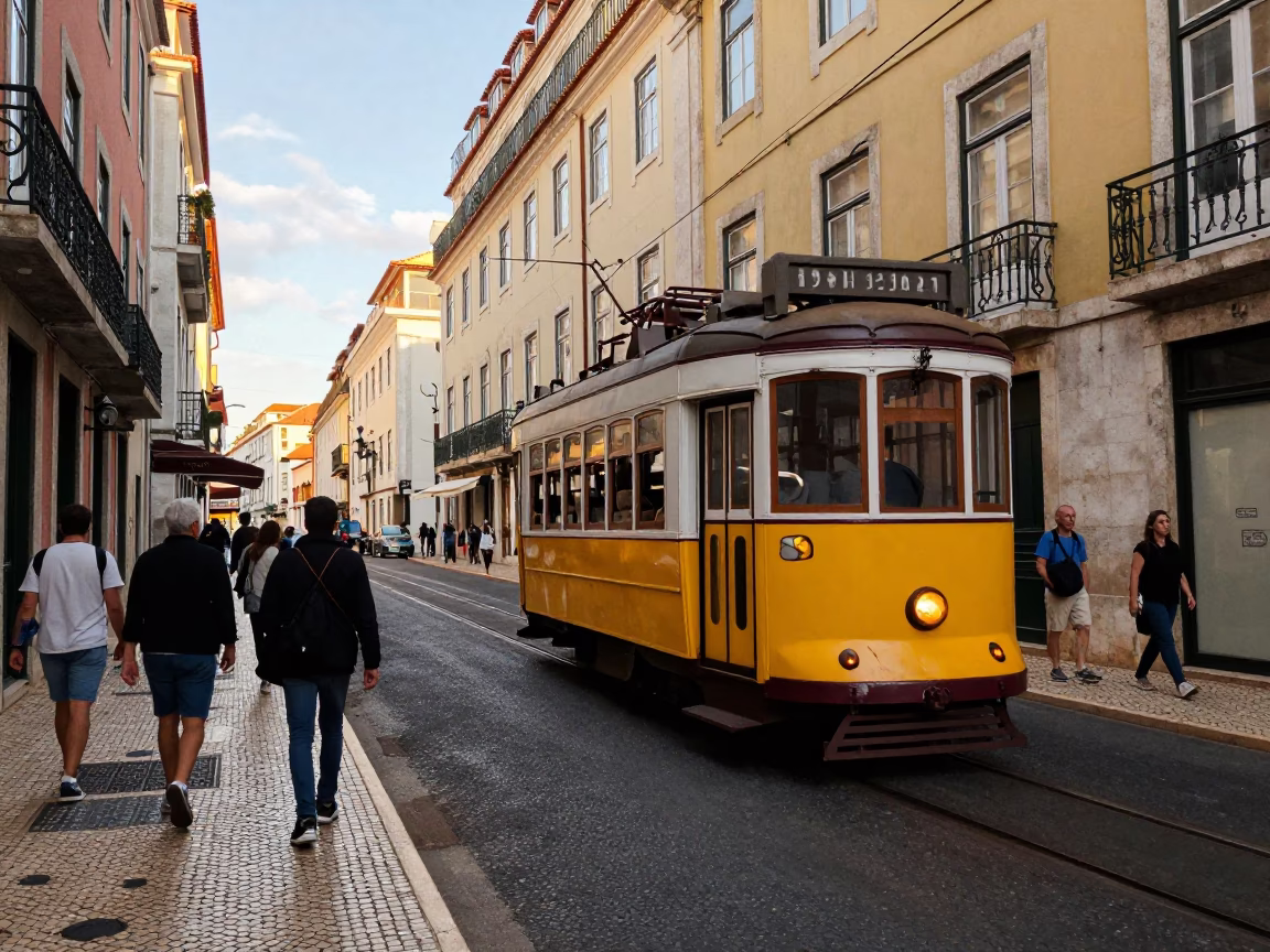 Busy Lisbon Street Scene Late Afternoon with Tram and Traditional Azulejo Tiles in in Lisbon, Portugal