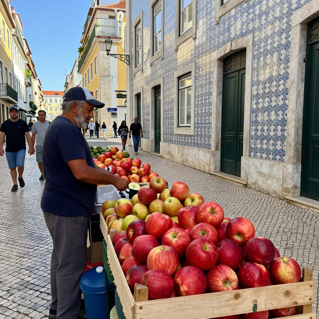 Busy Lisbon Street Scene Late Morning with Apples and Traditional Azulejo Tiles in in Lisbon, Portugal