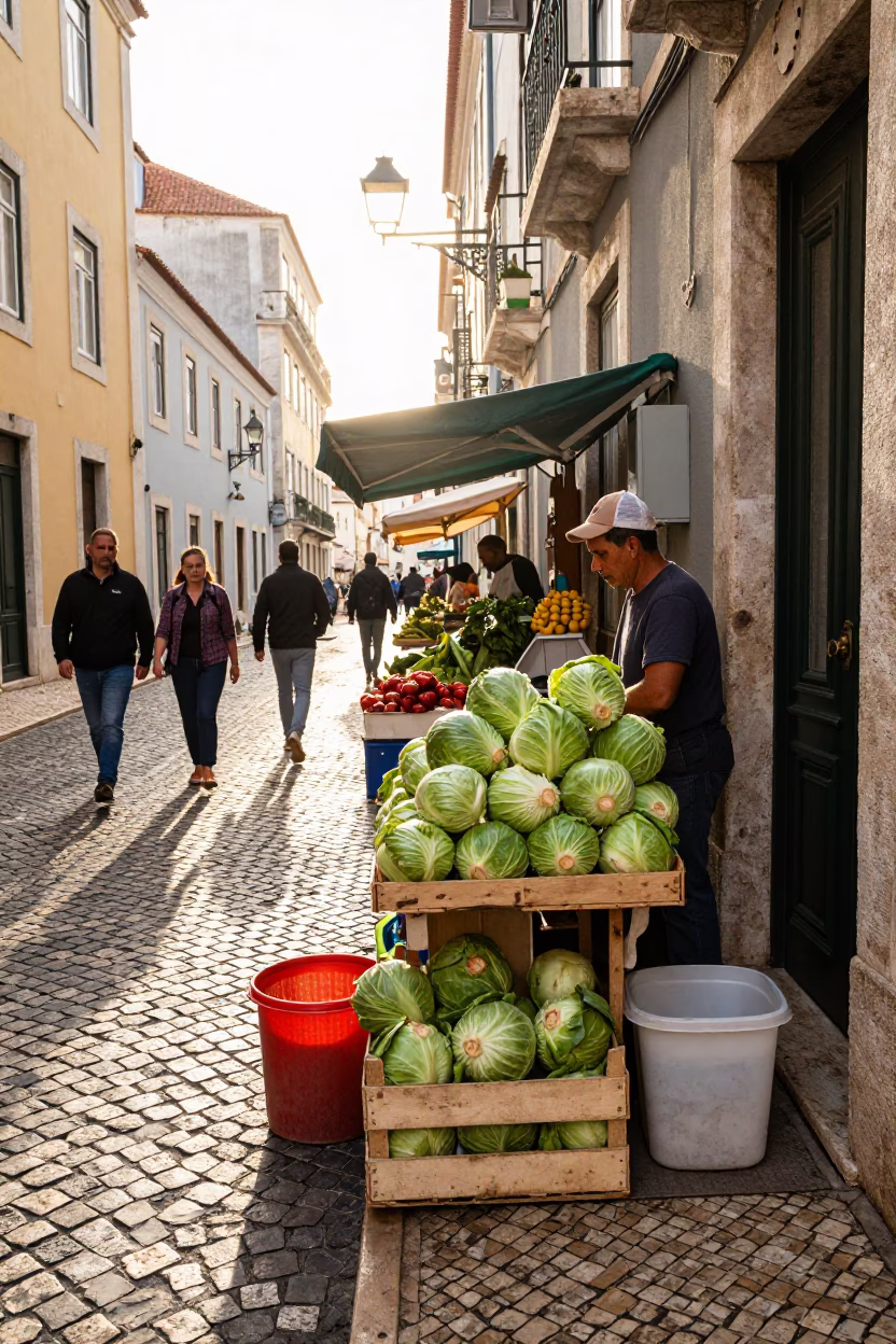 Busy Lisbon Street Scene Late Morning with Cabbages and Leather Basketball in in Lisbon, Portugal
