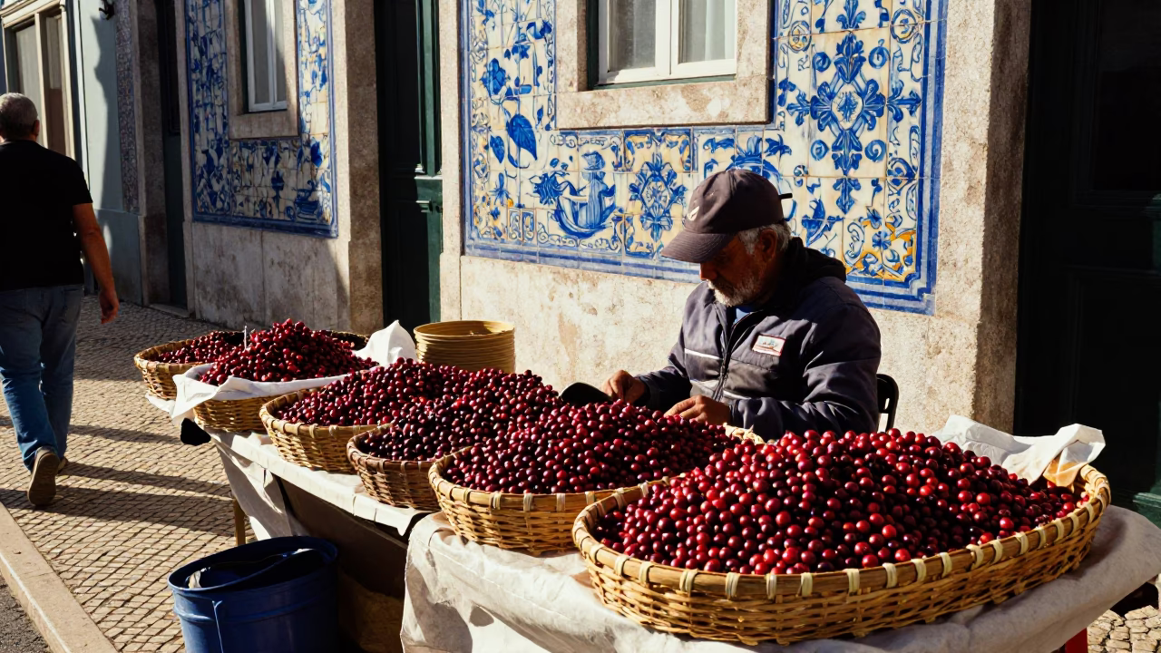Busy Lisbon Street Scene Late Morning with Colorful Azulejo Tiles and Local Market Vendors in in Lisbon, Portugal