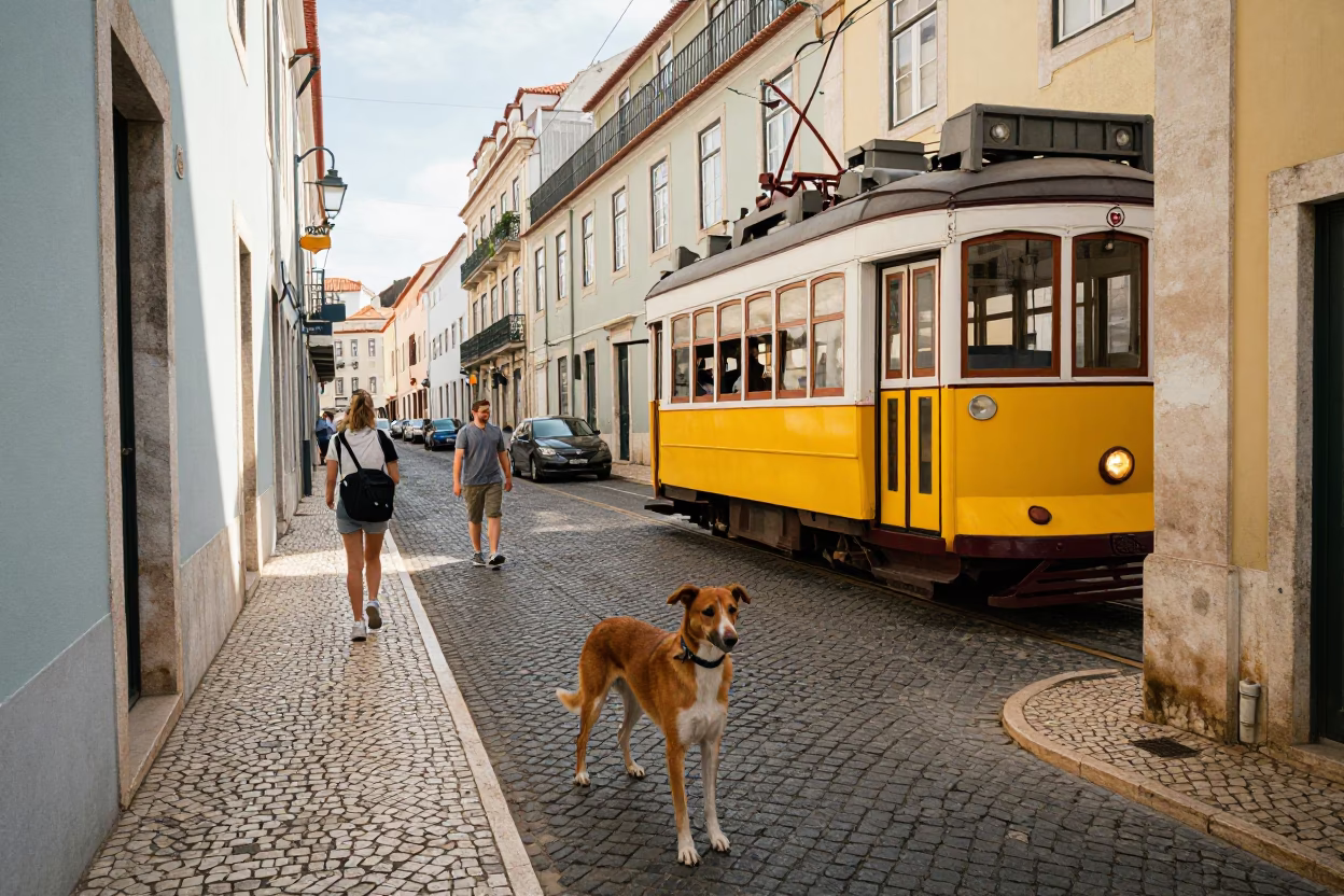 Busy Lisbon Street Scene Late Morning with Redbone Coonhound and Vintage Tram Details in in Lisbon, Portugal