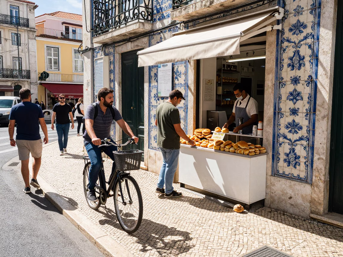 Busy Lisbon Street Scene Midday with Bicycle and Local Bakery Interaction in in Lisbon, Portugal