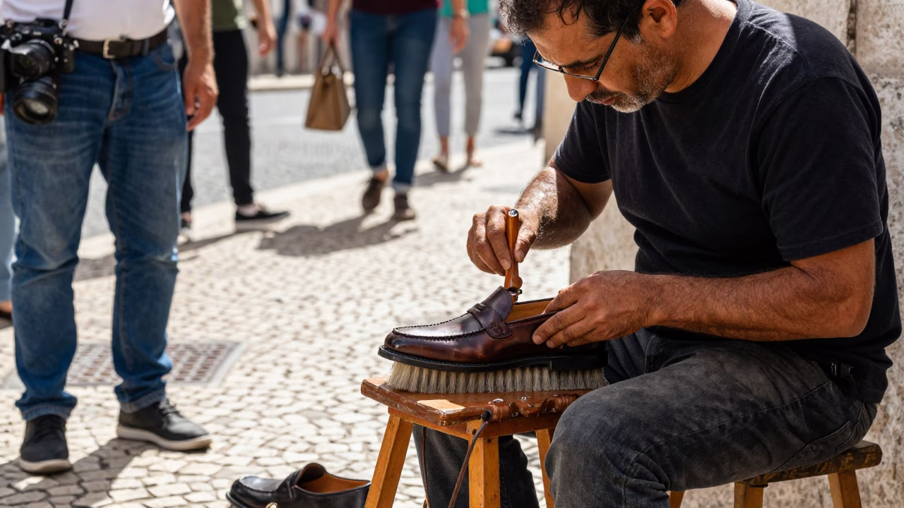 Busy Lisbon Street Scene Midday with Shoe Shine and Tram Tracks in in Lisbon, Portugal