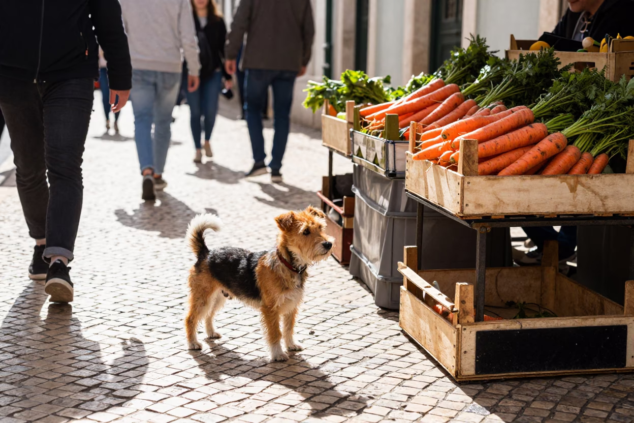 Busy Lisbon Street Scene Midday with Toy Fox Terrier and Carrots on Market Table in in Lisbon, Portugal