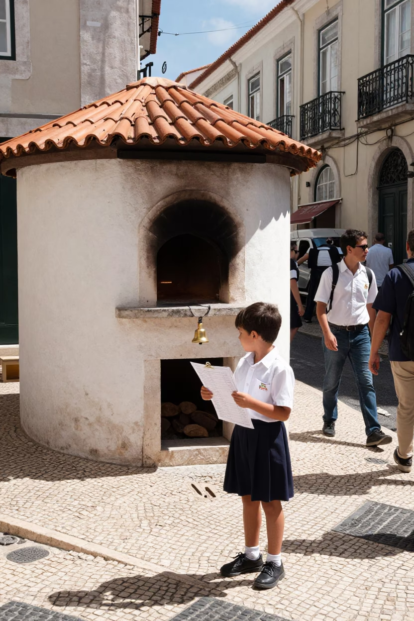 Busy Lisbon Street Scene Midday with Traditional Bread Oven and Attentive School Child in in Lisbon, Portugal