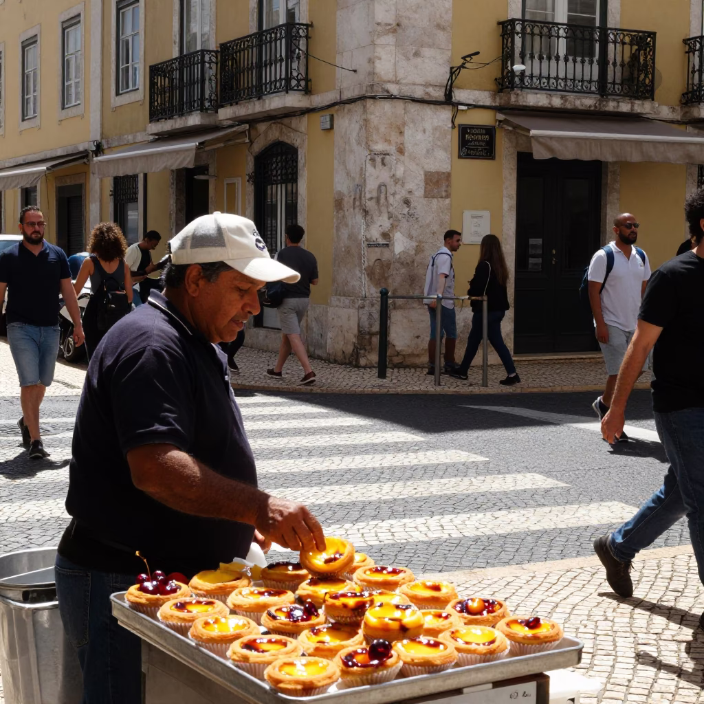 Busy Lisbon Street Scene Under Flat Noon Glare with Construction and Market Elements in in Lisbon, Portugal